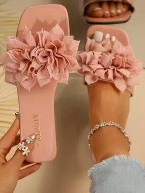 Pink Women's 3D Flower Slide Sandals Open Toe Flat